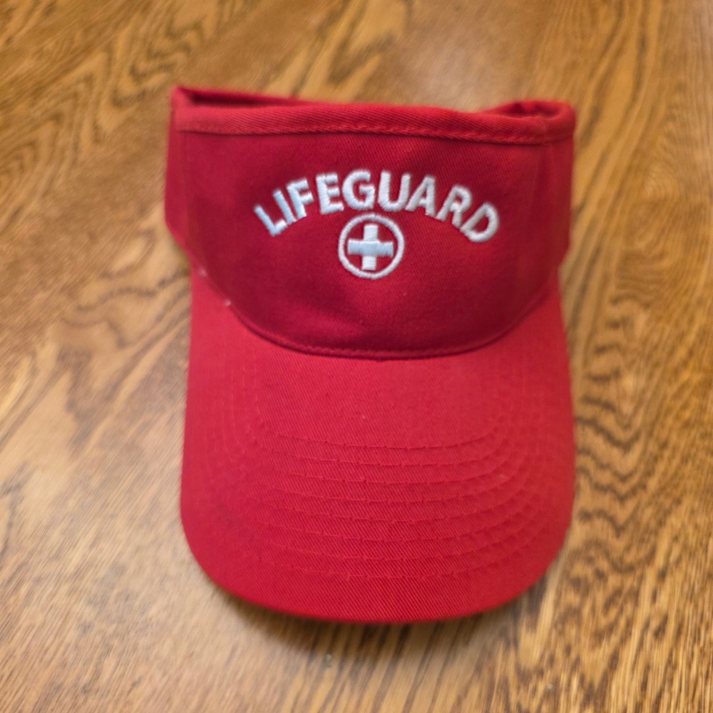 Lifeguard Red Sun‎ Visor Adjustable Embroidered Logo White Cross Beach Pool Hat